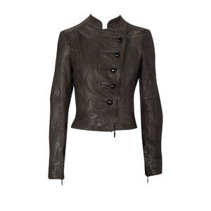 Karen Millen Leather Jacket Sz US 6 UK 10 Grey Motto Military Zipper Button Coat